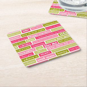 Pink and Green Love Letters Square Paper Coaster