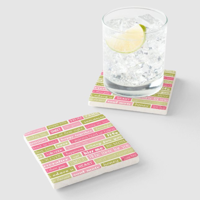 Pink and Green Love Letters Stone Coaster (Side)