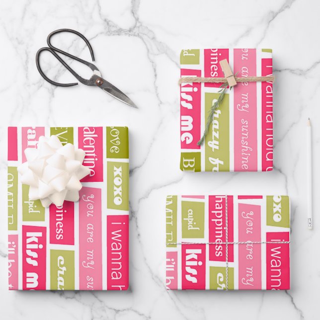 Pink and Green Love Letters  Wrapping Paper Sheet (Front)