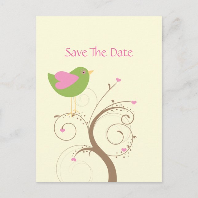 Pink and Green Lovebird and Hearts Save The Date Announcement Postcard (Front)