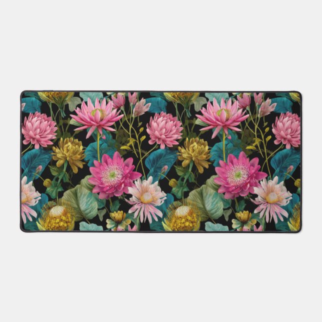 Pink and Green Lush Tropical Pattern Botanical Desk Mat (Front)