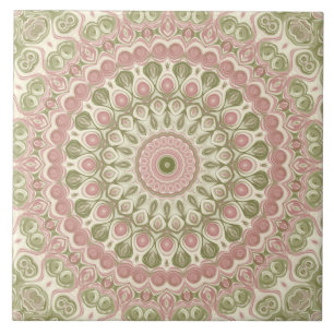Pink and Green Mandala Pattern Design Ceramic Tile