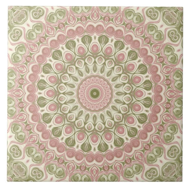 Pink and Green Mandala Pattern Design Ceramic Tile (Front)