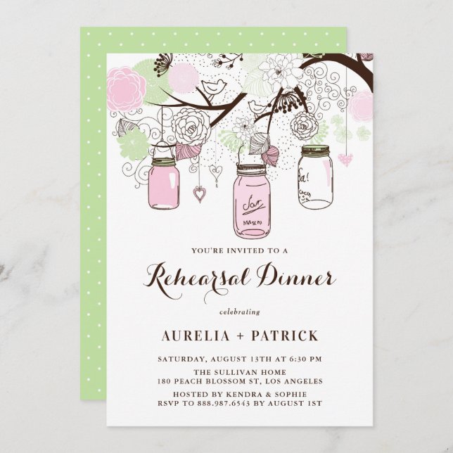 Pink and Green Mason Jars Rehearsal Dinner Invitation (Front/Back)