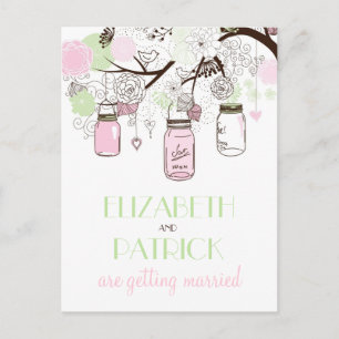Pink and Green Mason Jars Save the Date Postcard
