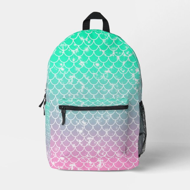 Pink and Green Mermaid Pattern Printed Backpack (Front)