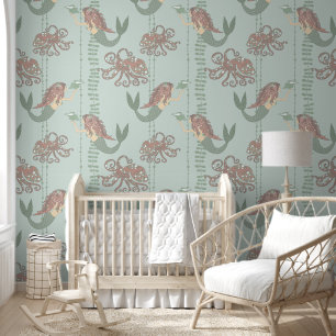Pink and Green Mermaid Pattern Removable Wallpaper