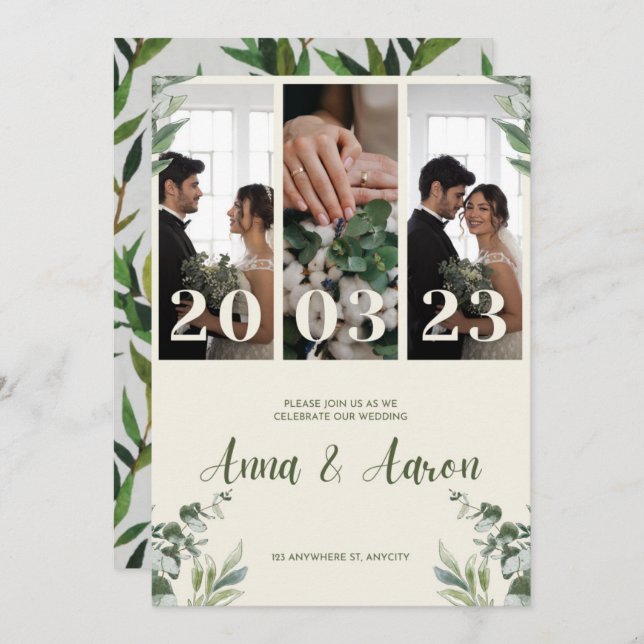 Pink And Green Minimalist Wedding Invitation (Front/Back)