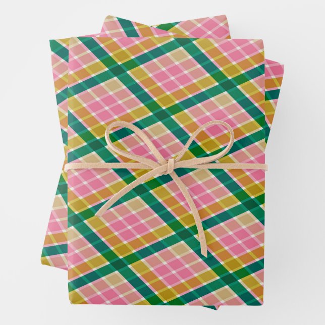 Pink and Green Modern Plaid Christmas Pattern Wrapping Paper Sheet (In situ)
