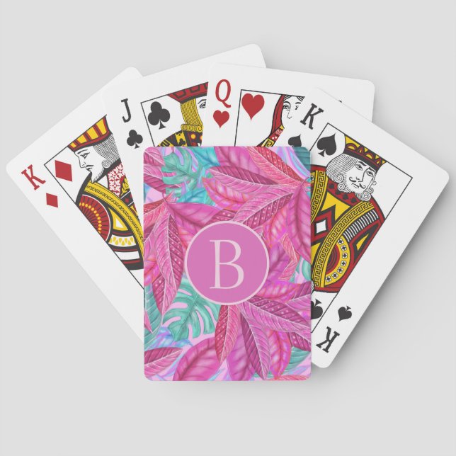 Pink and Green Modern Tropical Leaves Monogram Playing Cards (Back)