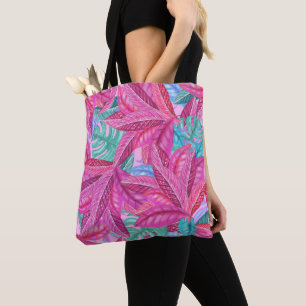 Pink and Green Modern Tropical Leaves Tote Bag