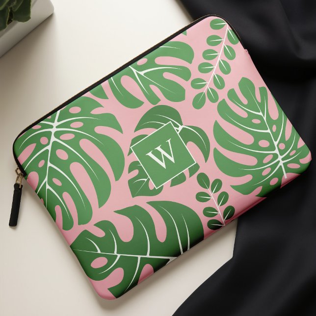 Pink and Green Monogrammed Monstera Leaves Laptop Sleeve (Creator Uploaded)