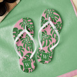 Pink and Green Monogrammed Monstera Leaves Thongs<br><div class="desc">Trendy and chic monstera leaves pattern monogrammed design.</div>
