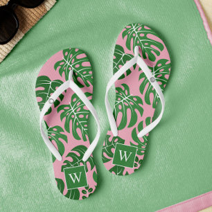 Pink and Green Monogrammed Monstera Leaves Thongs