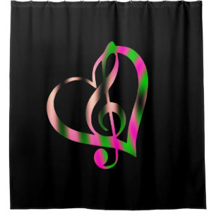 Pink and Green Music Design on Black Shower Curtain