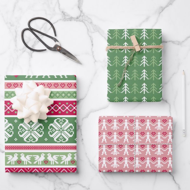 Pink and Green Nordic Trio Wrapping Paper Sheet (Front)