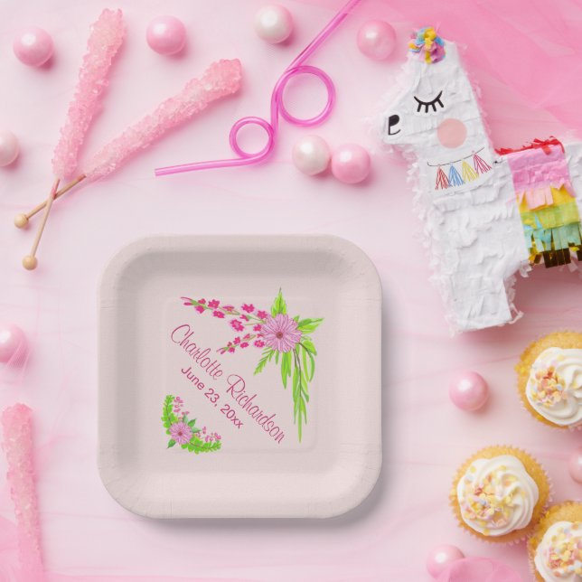 Pink and Green Nostalgic Floral Paper Plate (Party)