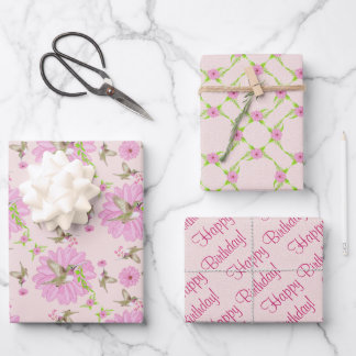 Pink and Green Nostalgic Floral Wrapping Paper Sheet