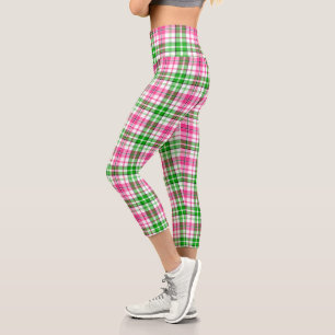 Pink and Green On White Plaid Tartan Pattern Capri Leggings