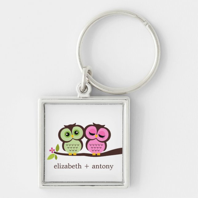 Pink and Green Owl Couple Key Ring (Front)