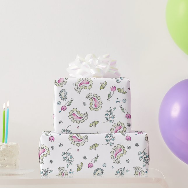 Pink and Green Paisl and watercolor Wrapping Paper (Party Gifts)