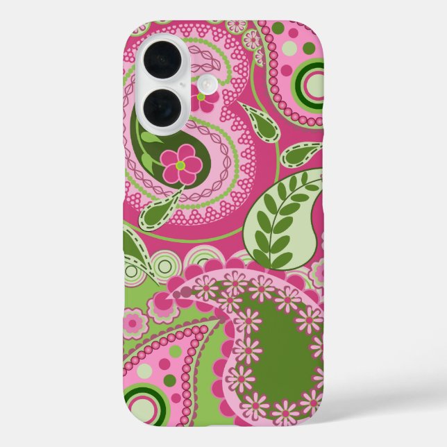 Pink and green Paisley iPhone 16 case (Back)