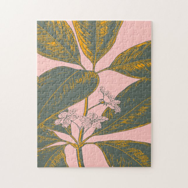 Pink and Green Palm Frond Botanical Drawing Jigsaw Puzzle (Vertical)
