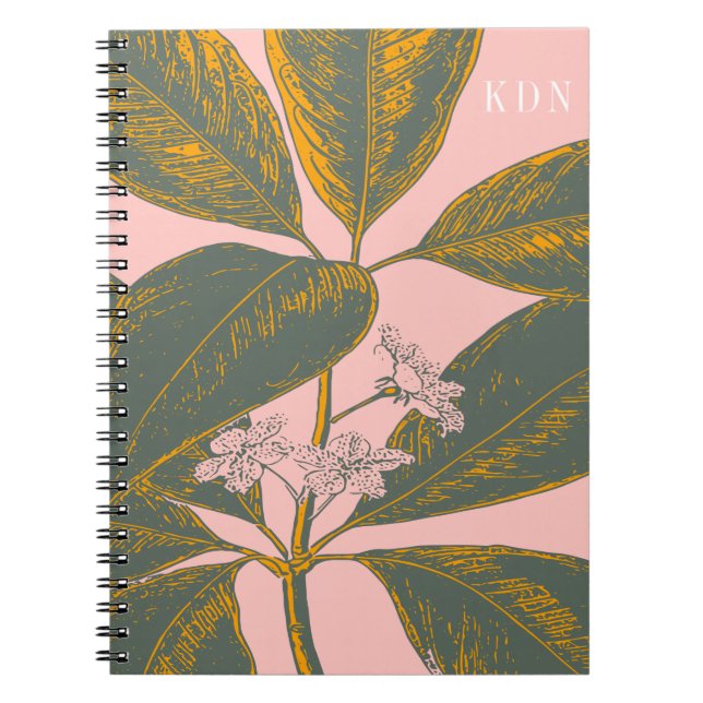Pink and Green Palm Frond Botanical Drawing Notebook (Front)