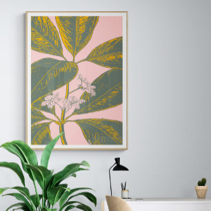 Pink and Green Palm Frond Botanical Drawing Poster