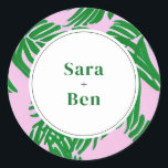 Pink and Green Palm Tree Modern Beach Wedding Classic Round Sticker<br><div class="desc">Pink and Green Palm Tree Modern Beach Wedding</div>