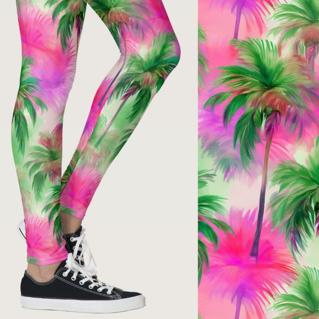 Pink and Green Palm Trees Tropical Patterned Leggings (Creator Uploaded)