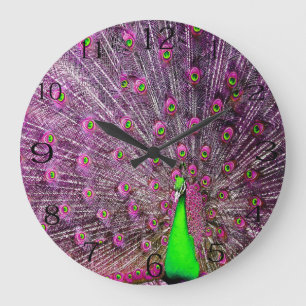 Pink And Green Peacock, Large Clock