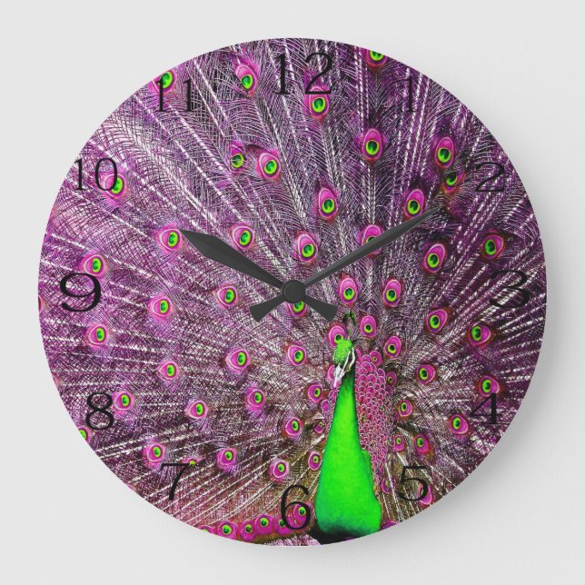 Pink And Green Peacock,  Large Clock (Front)