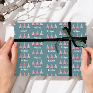 Pink and green Personalised name Christmas trees Wrapping Paper