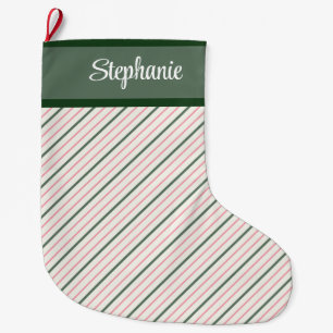 Pink and Green Pinstripe with Name Large Christmas Stocking