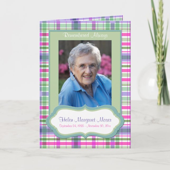Pink and Green Plaid Memorial Card with Photo (Front)