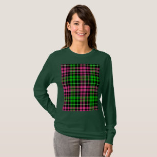 Pink and Green Plaid Tartan Black T-Shirt