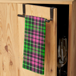 Pink and Green Plaid Tartan Black  Tea Towel