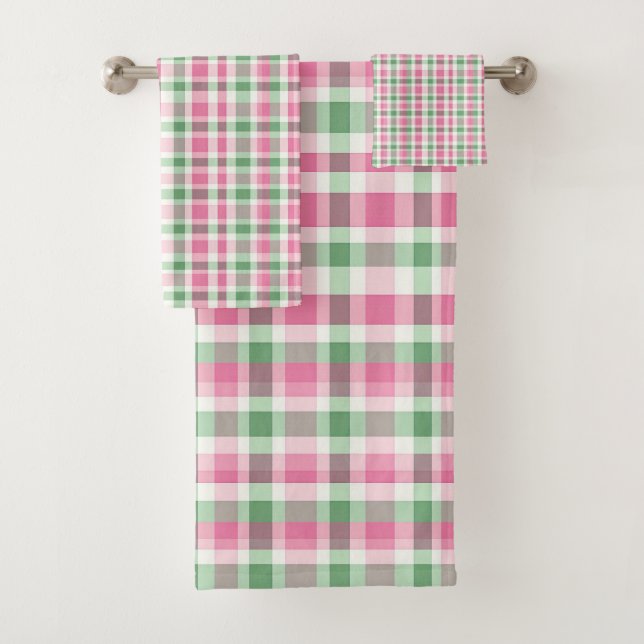 Pink And Green Plaid Tartan Checkered Patterned Bath Towel Set (Insitu)