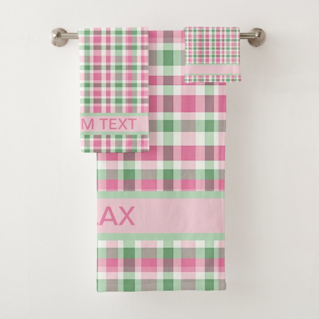 Pink And Green Plaid Tartan Checkered Patterned Bath Towel Set (Insitu)