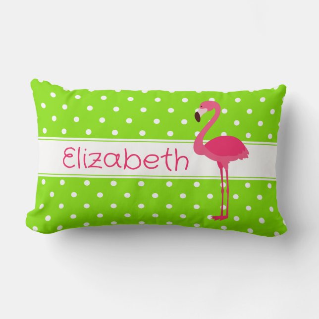 Pink and Green Polka Dot Flamingo Personalised Lumbar Cushion (Front)