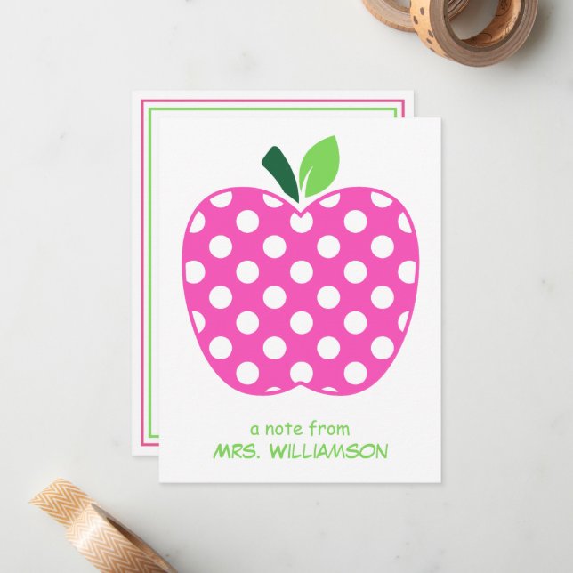 Pink and Green Polka Dot Teacher's Apple Card (Front/Back In Situ)