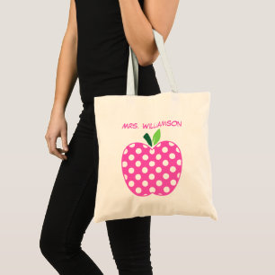 Pink and Green Polka Dot Teacher's Apple Tote Bag
