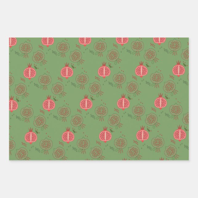 Pink and Green Pomegranates Wrapping Paper Sheet (Front)