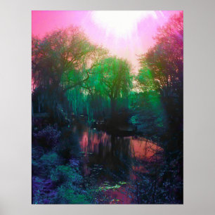 Pink and Green Pond and Willow Poster