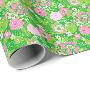 Pink and Green Preppy Palm Beach Floral Wrapping Paper