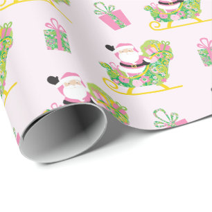 Pink and Green Preppy Palm Beach Santa Claus Wrapping Paper