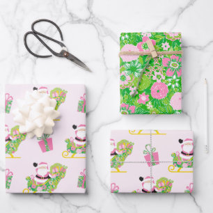 Pink and Green Preppy Palm Beach Santa Claus Wrapping Paper Sheet