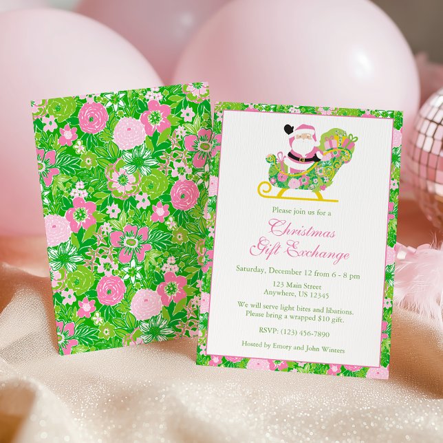 Pink and Green Preppy Palm Beach Santa Party Invitation (Creator Uploaded)