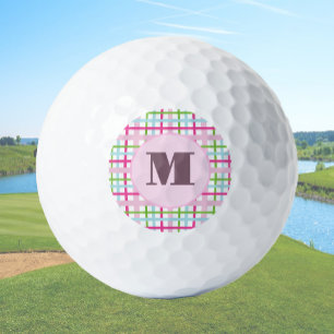 Pink and green preppy plaid custom monogram ladies golf balls